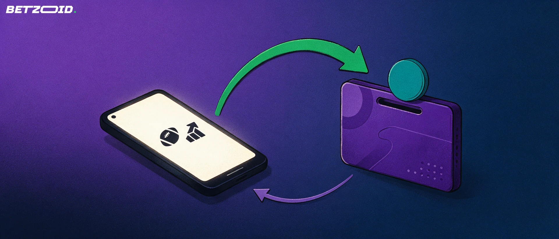 Illustration of a smartphone with sport symbols linked by arrows to a wallet, showing deposits and withdrawals