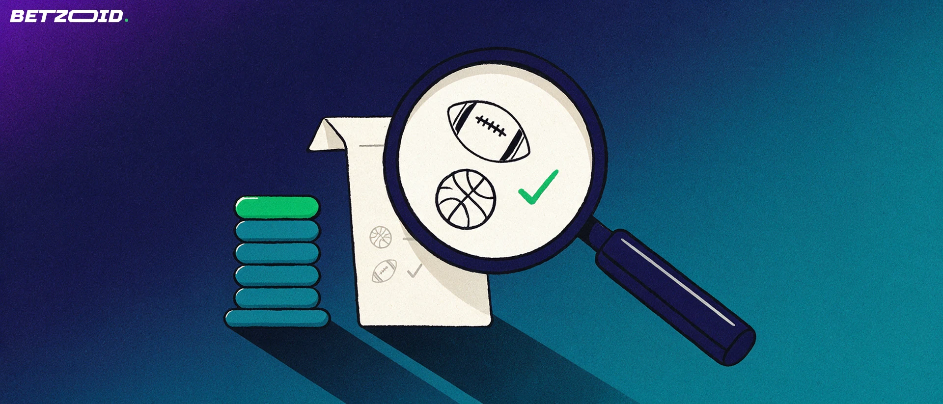 Illustration of a large magnifying glass enlarging a betting slip with football and basketball symbols beside a rating bar chart.