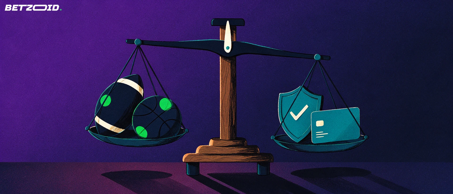 Illustration of a balance scale weighing an American football and basketball against a shield with a tick and a plain payment card.