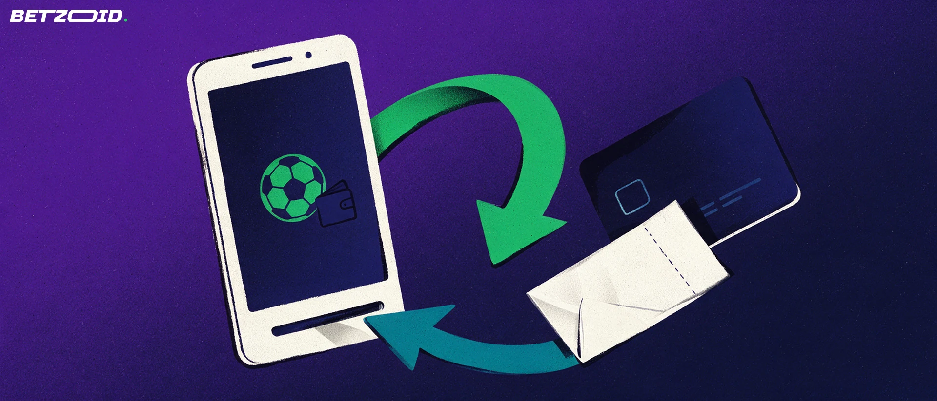 Illustration of a smartphone with a payment slot receiving a bank card and voucher, with arrows showing money flowing in and out.