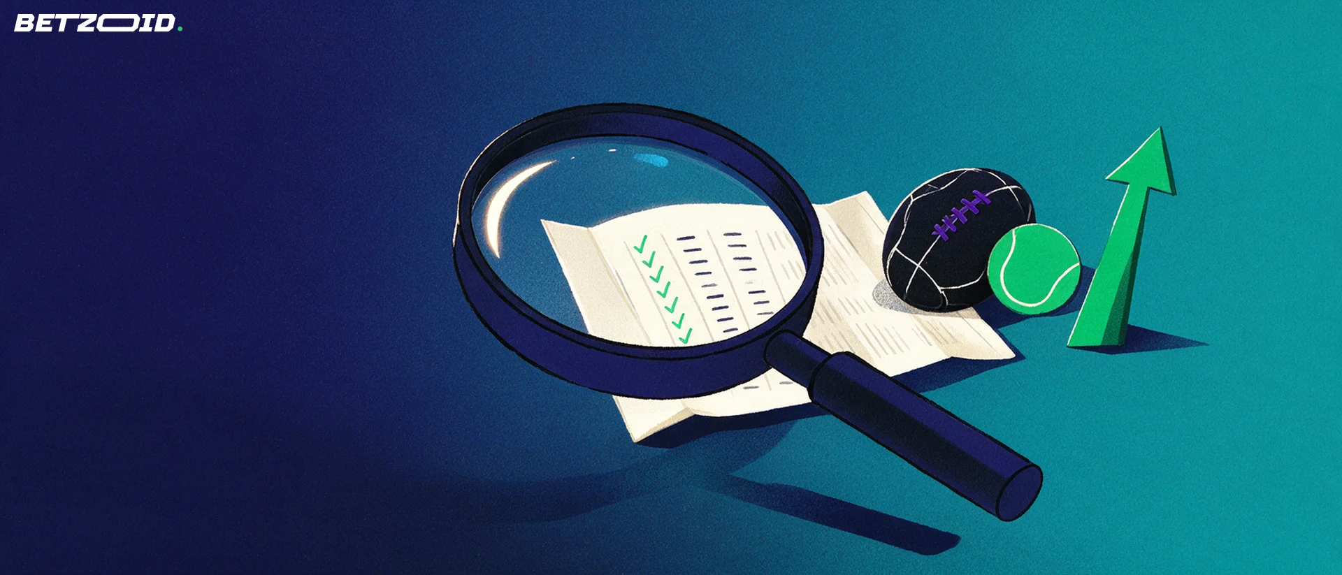 Illustration of a magnifying glass enlarging a paper betting slip beside a football and a tennis ball