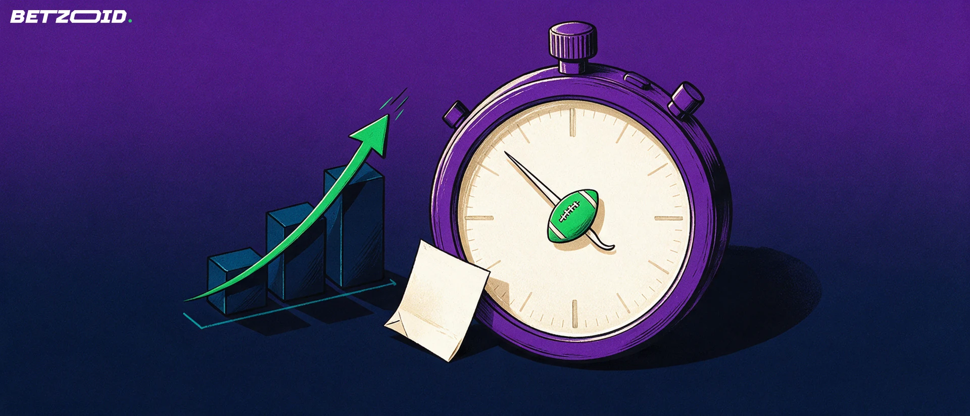 Illustration of a large stopwatch with a football symbol beside rising bars and an upward arrow and a folded betting slip