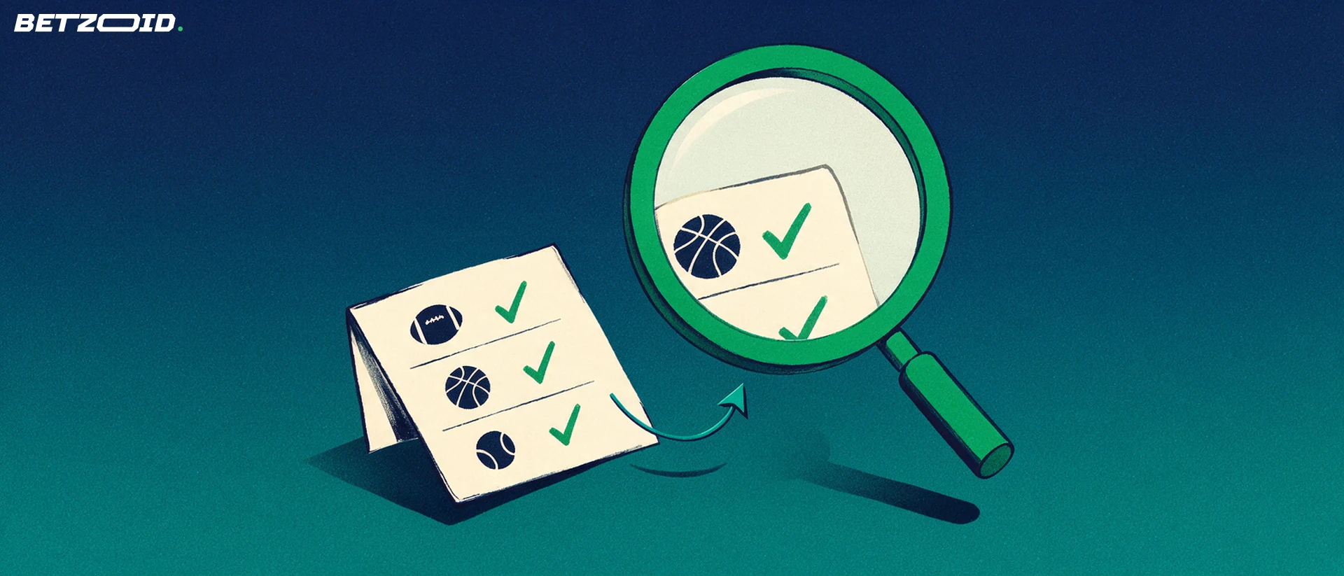 Illustration of a magnifying glass inspecting a betting slip with football, basketball and tennis symbols and check marks.