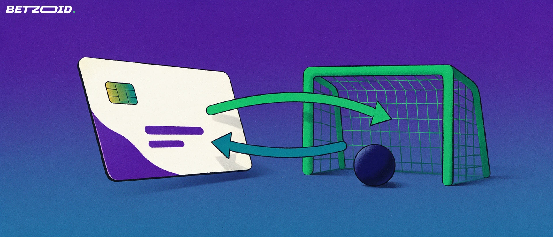 Illustration of an unbranded payment card and a football beside a goal frame, with arrows looping in and out.