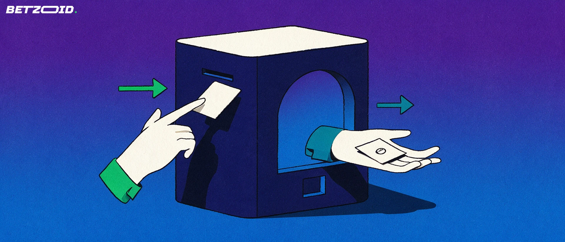 Illustration of a betting cashier window where a hand passes a plain bank card inside and receives a wager ticket, with arrows showing deposit and payout directions.