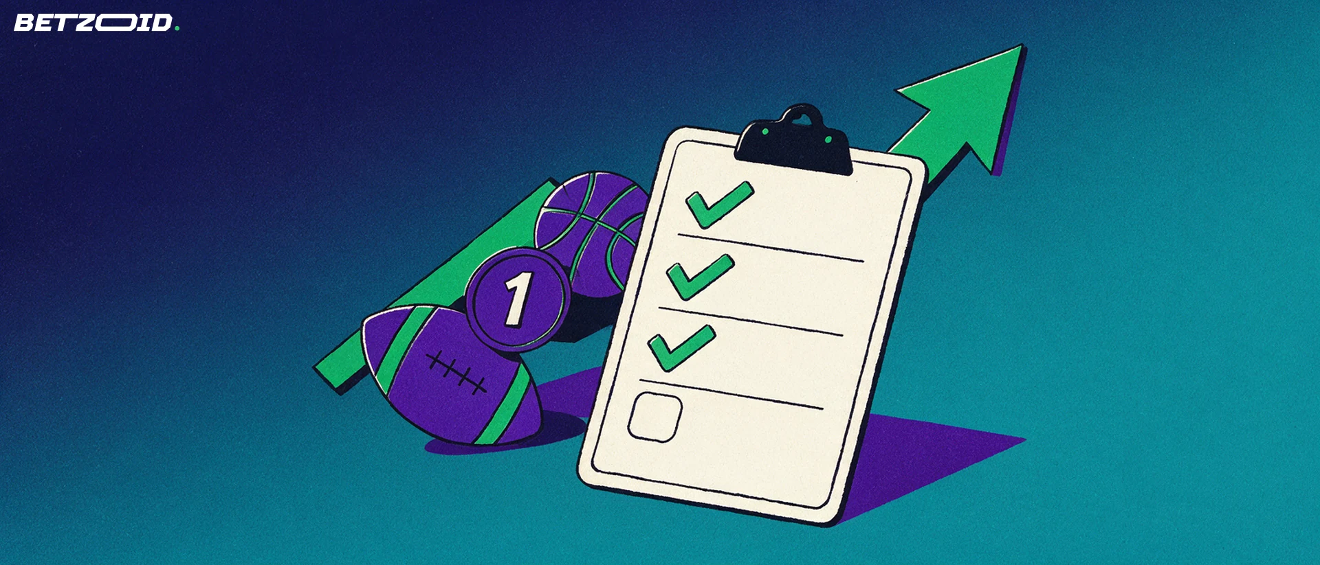 Illustration of a checklist clipboard with green checkmarks beside an American football and a basketball, with a rising arrow