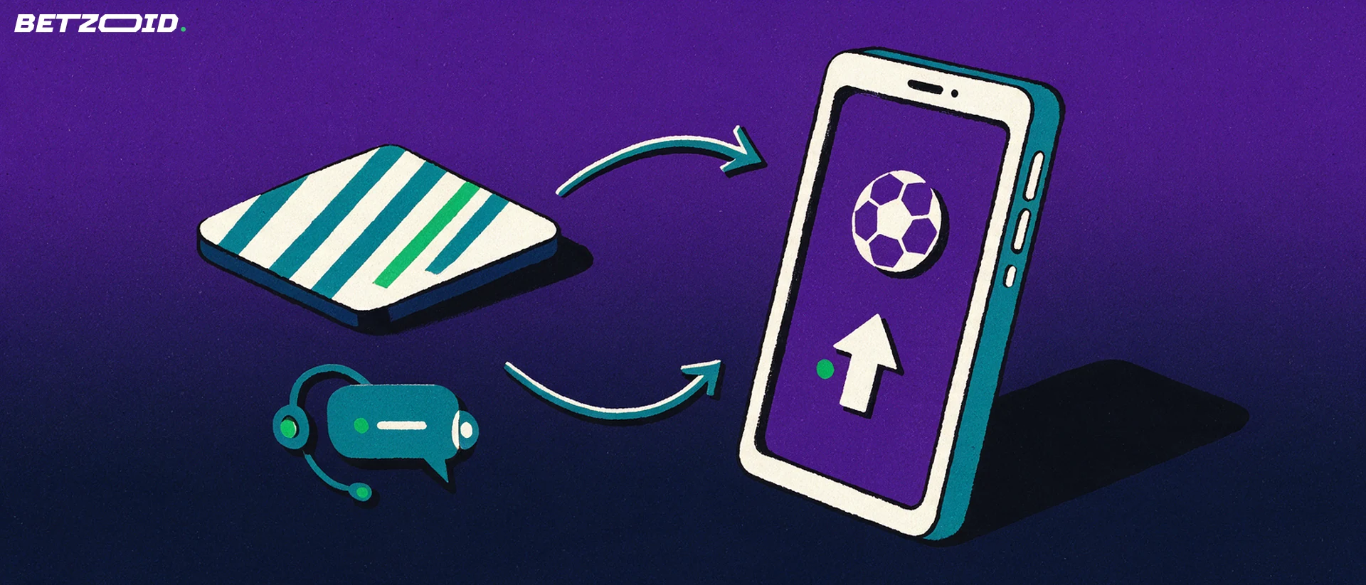 Illustration of a smartphone showing simple sport symbols linked by arrows to a plain bank card and a support headset icon