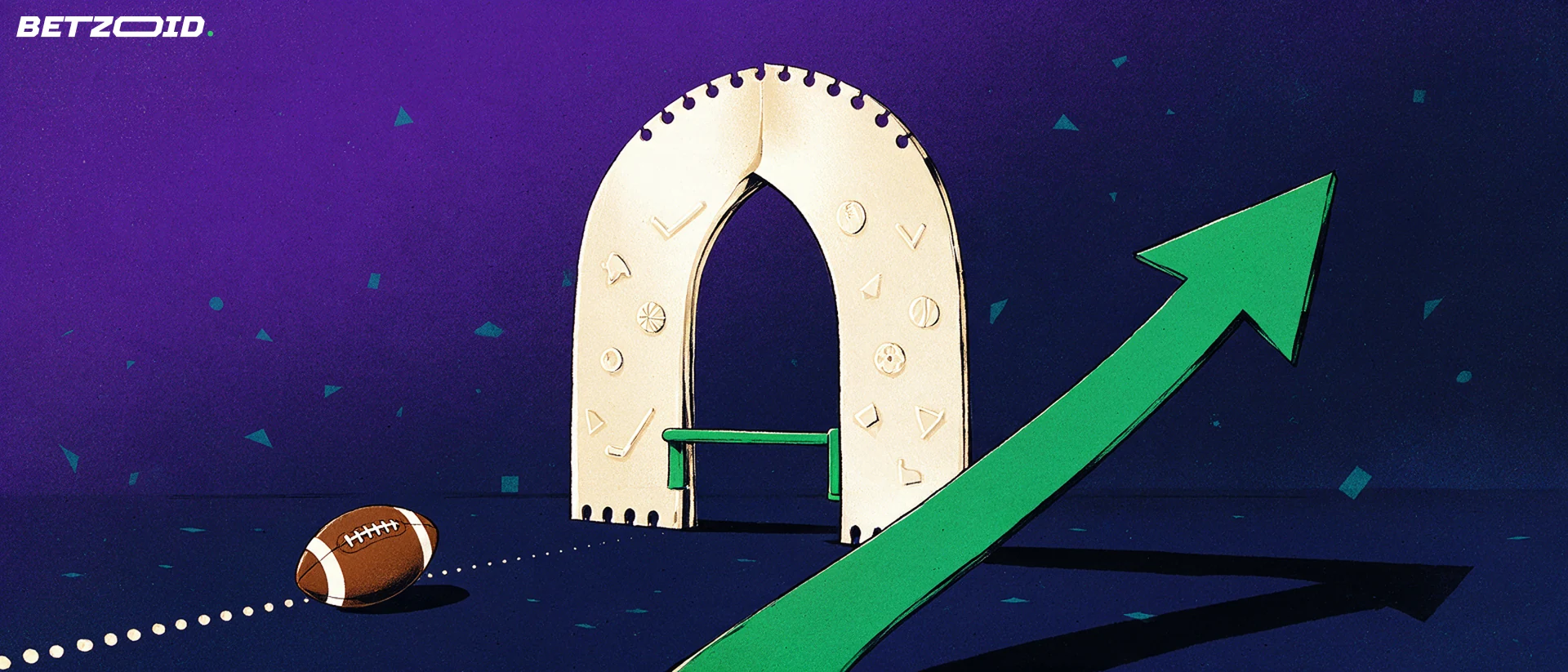 Illustration of an arched gate made from a giant betting ticket with a turnstile bar, a football rolling toward it and a green arrow passing through.