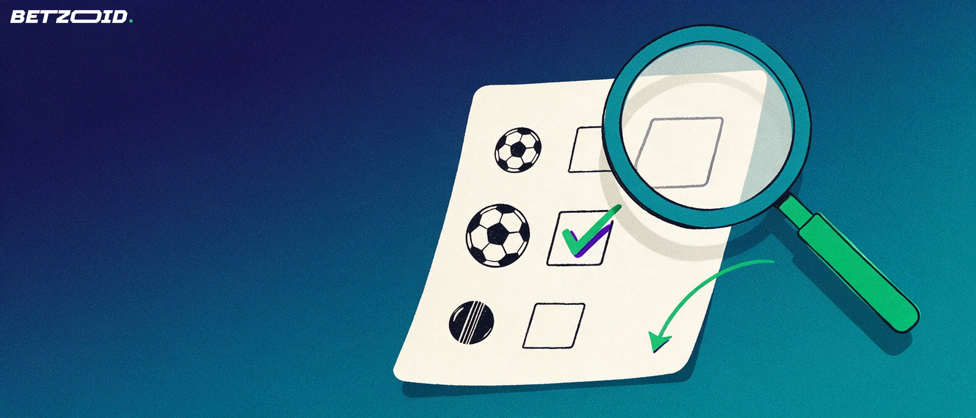 Illustration of a magnifying glass examining a paper betting slip with soccer, rugby and cricket ball symbols and one green tick.