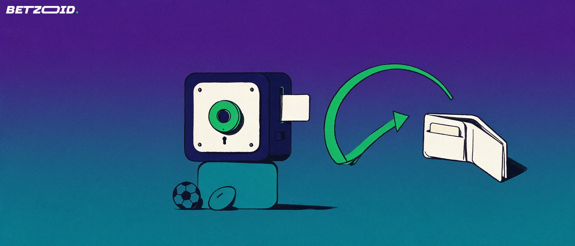 Illustration of a navy strongbox with a card slot, a green arrow curving into an open wallet, and soccer and rugby balls beside it.