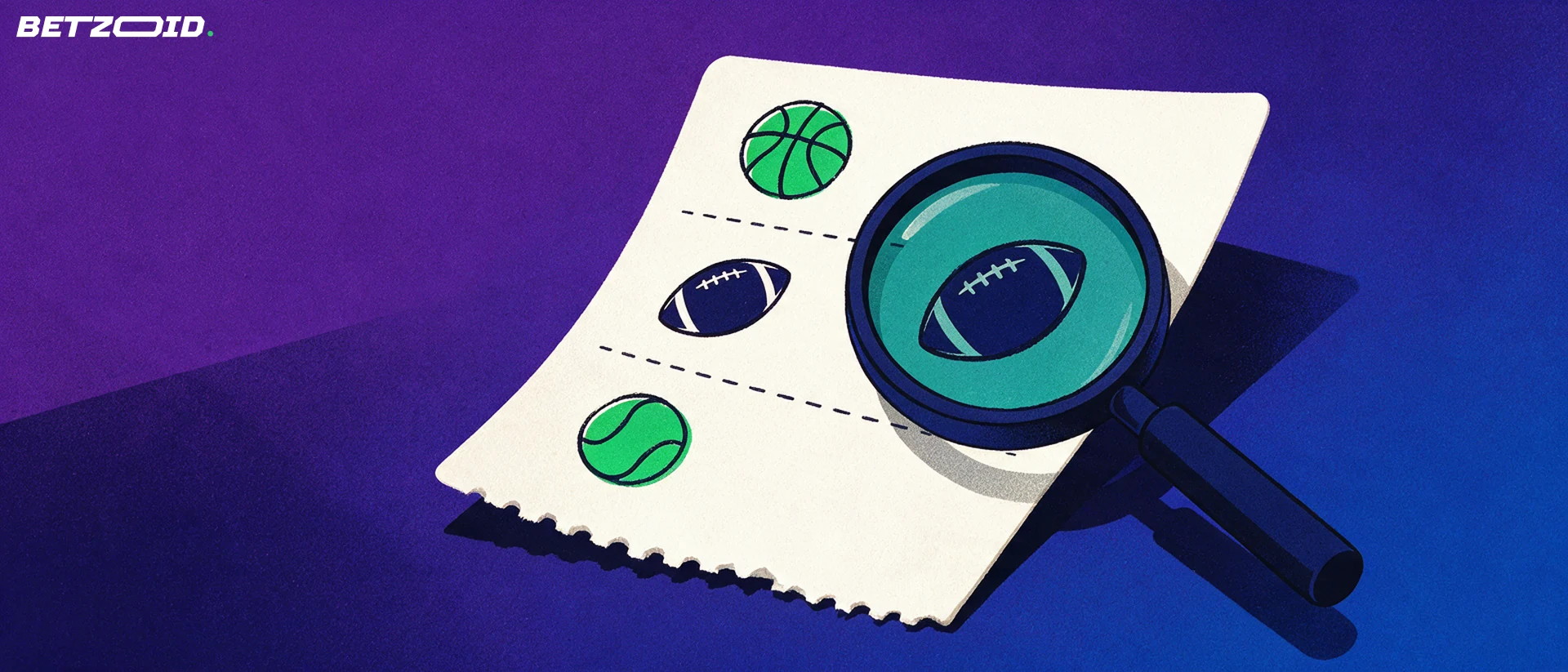 Illustration of a large magnifying glass examining a paper betting slip marked with basketball, American football and tennis symbols.