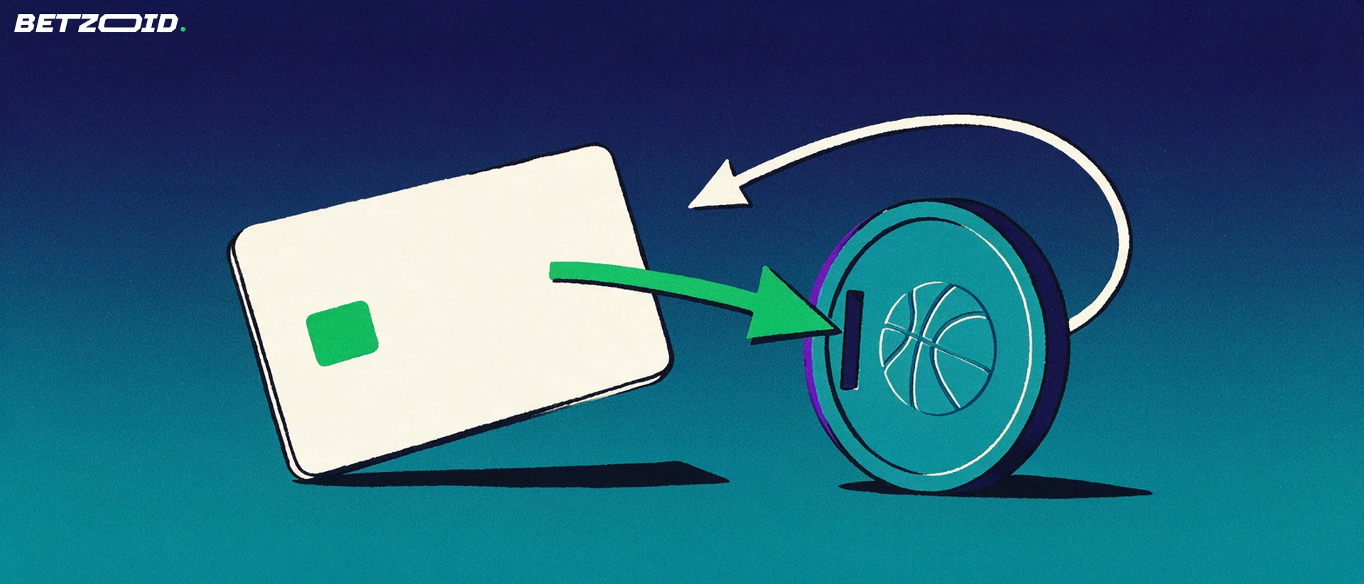 Illustration of a payment card linked by two curved arrows to an upright betting token with a basketball symbol, showing money moving in and out.