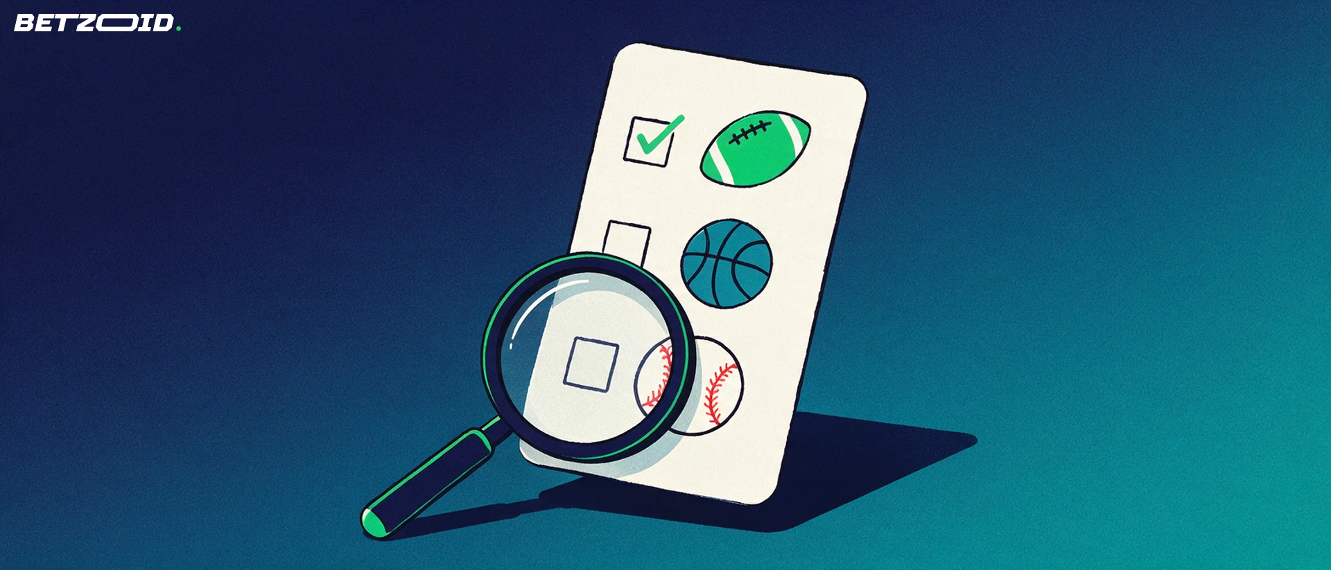 Illustration of a large betting slip showing football, basketball and baseball symbols with a magnifying glass examining it