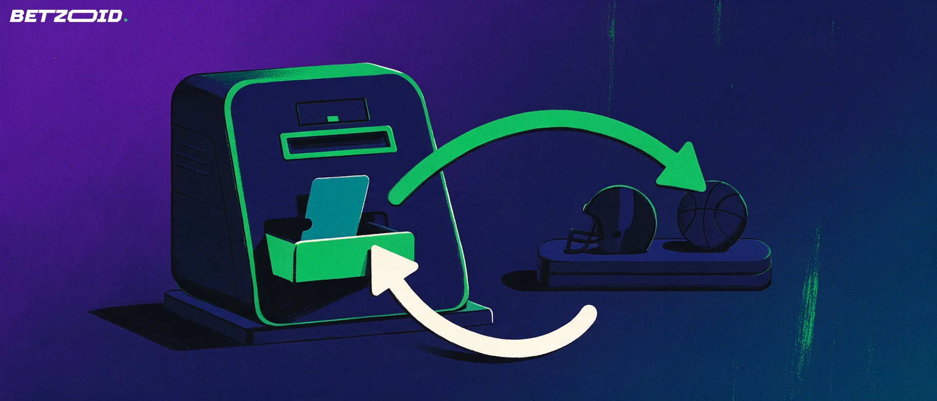 Illustration of a cashier vault with a payment card and looping arrows connecting to basketball and helmet symbols