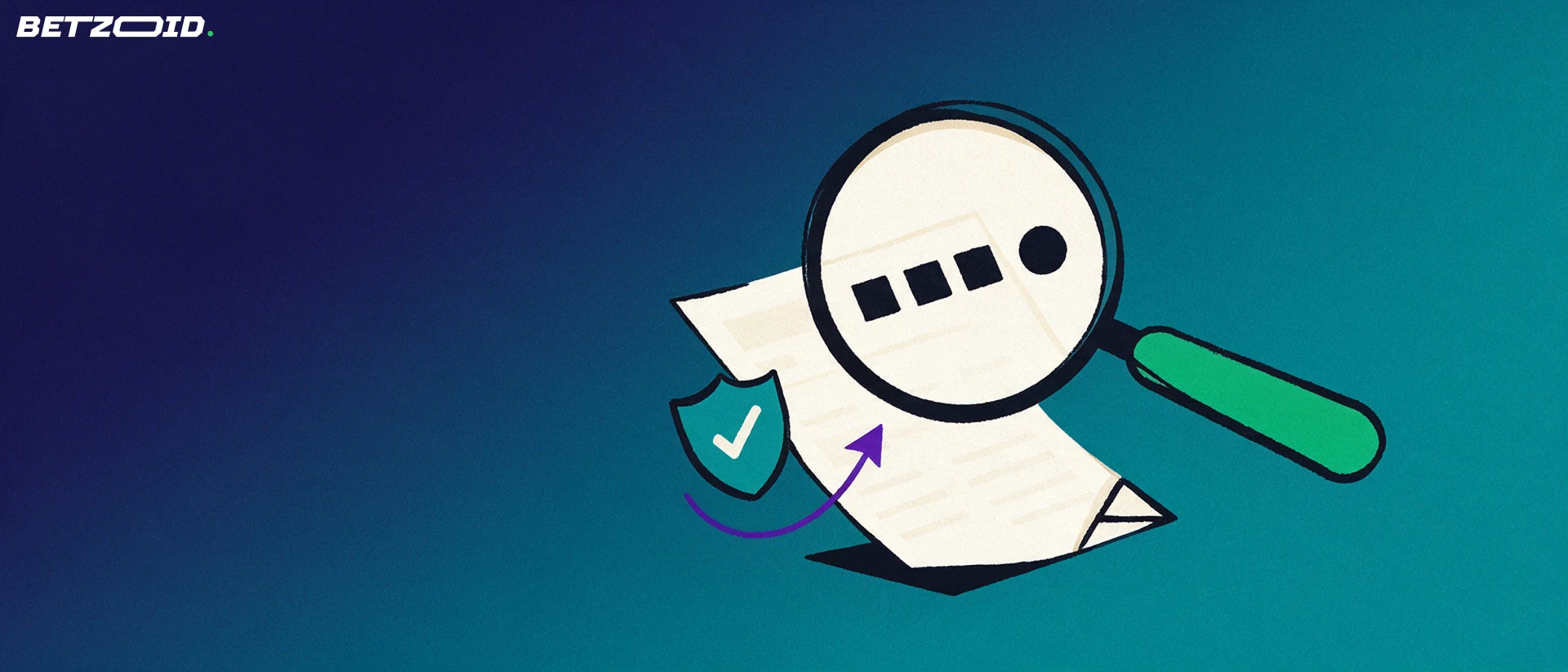 Illustration of a large magnifying glass examining a folded sports betting slip with tick boxes and a shield bearing a check mark.