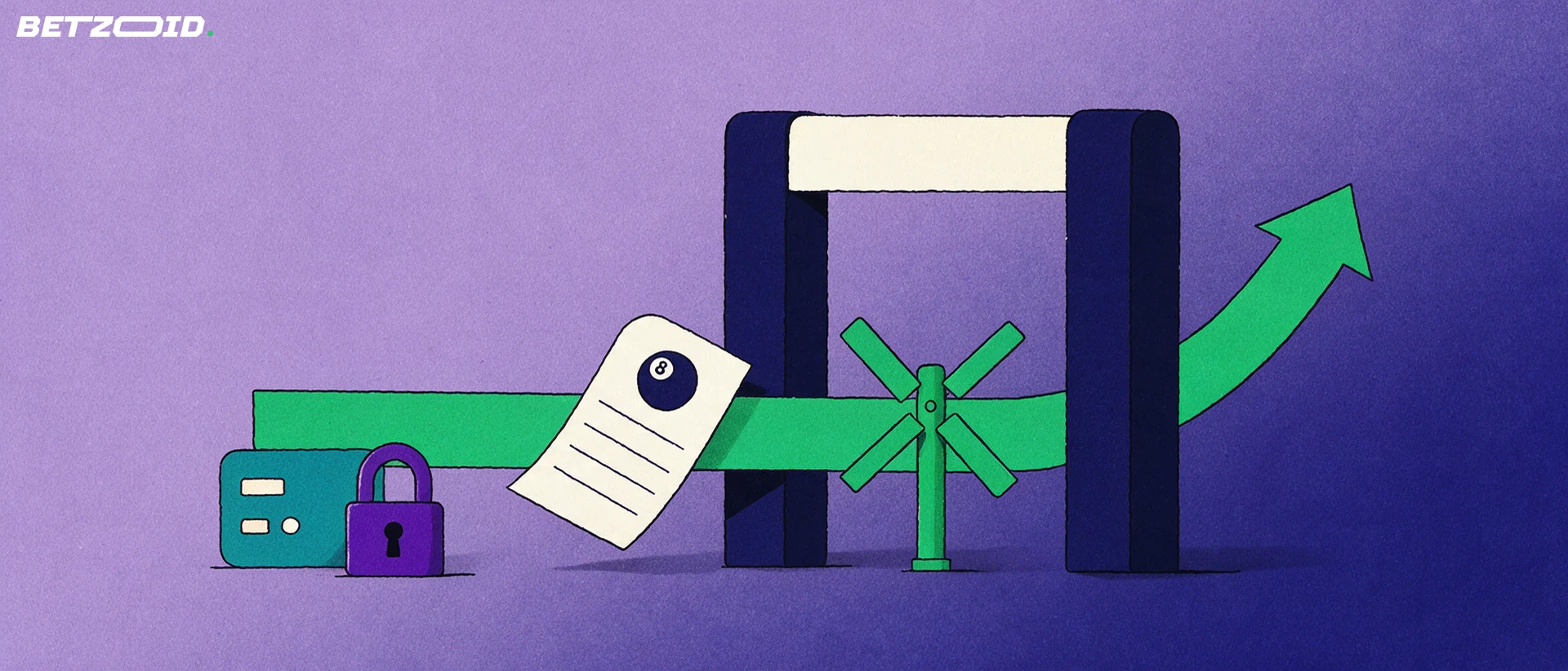 Illustration of a betting ticket passing through a turnstile gateway along a green arrow, with a payment card and padlock beside it.