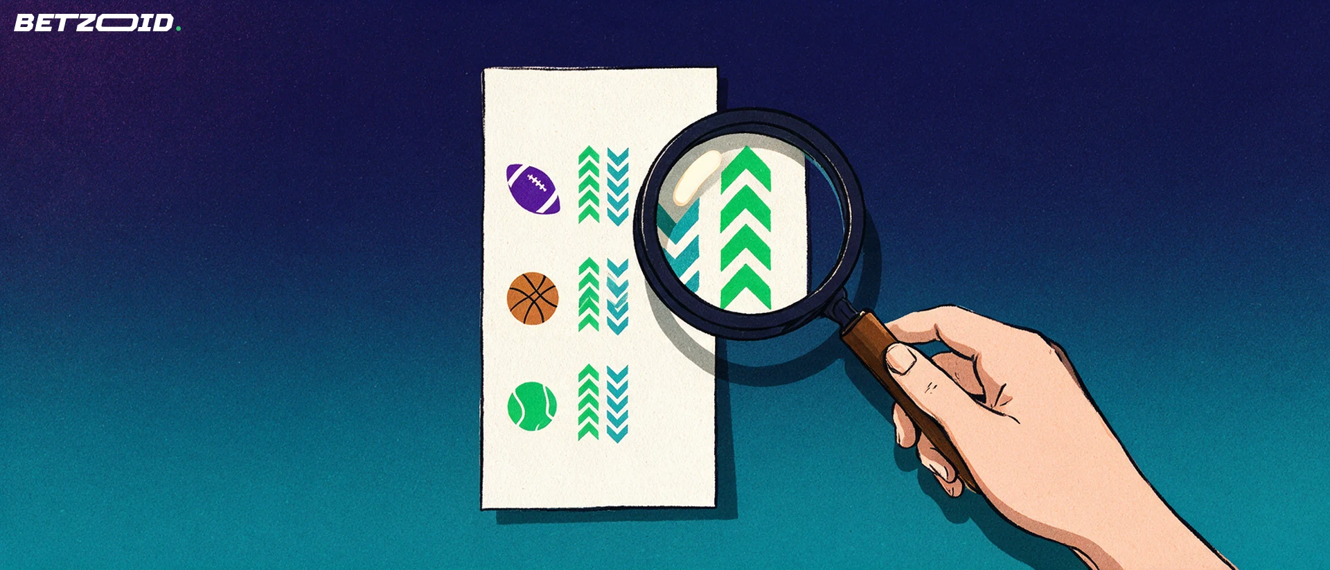 Illustration of a magnifying glass inspecting a paper betting coupon marked with sport symbols and rising and falling arrows.