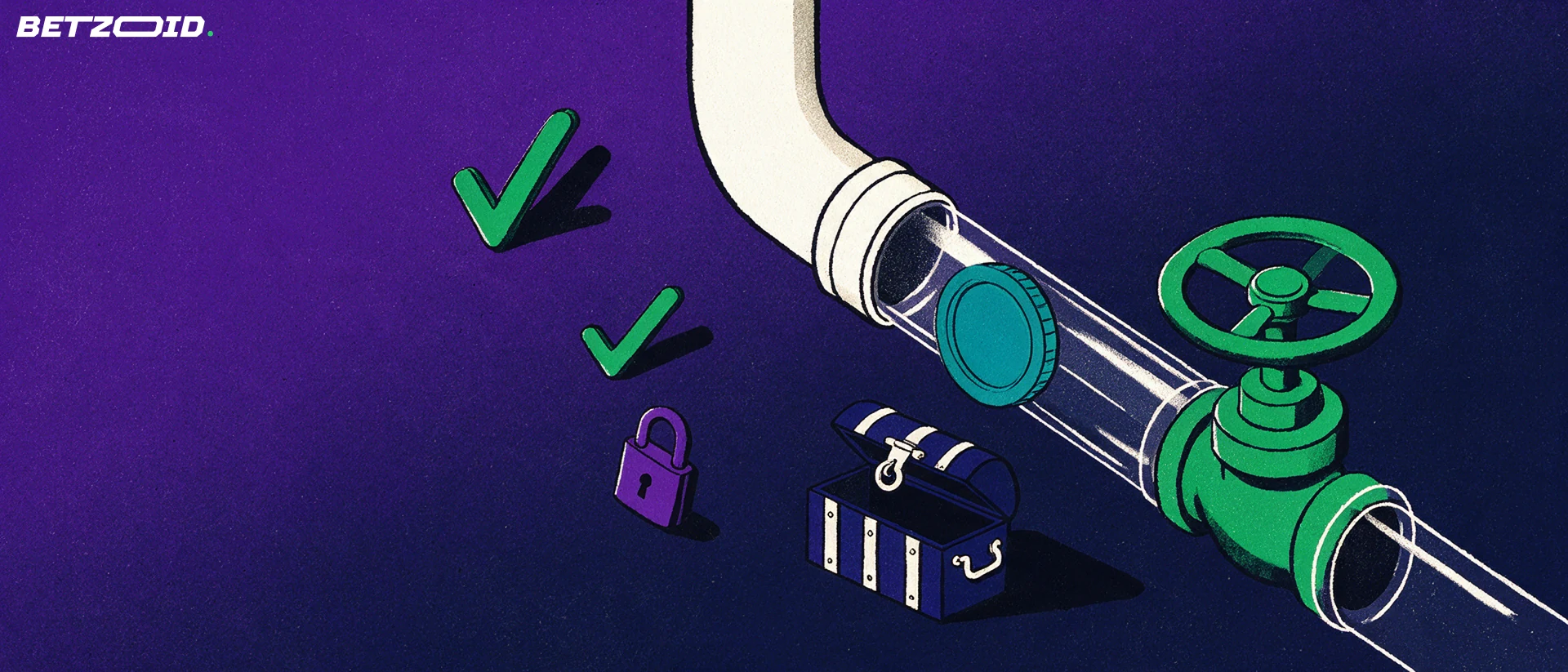 Illustration of a blank token moving through a pipe with a valve, padlock and check marks toward an open strongbox, representing payout conditions.