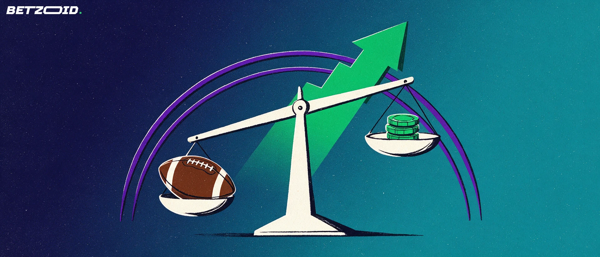 Illustration of a beam balance weighing a football against a small stack of betting chips, with a rising green arrow behind it