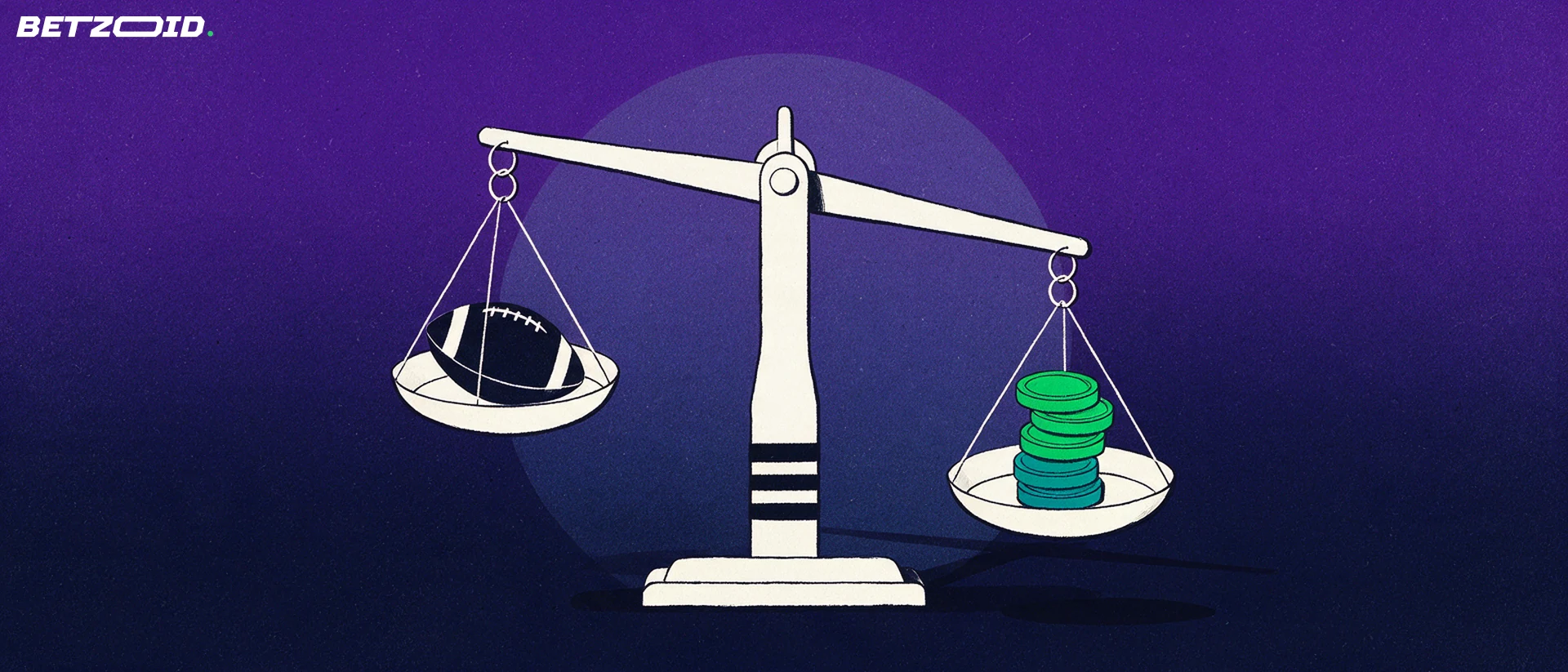 Illustration of a balance scale weighing a football against a stack of plain tokens, representing assessment of a sportsbook's markets and payouts.