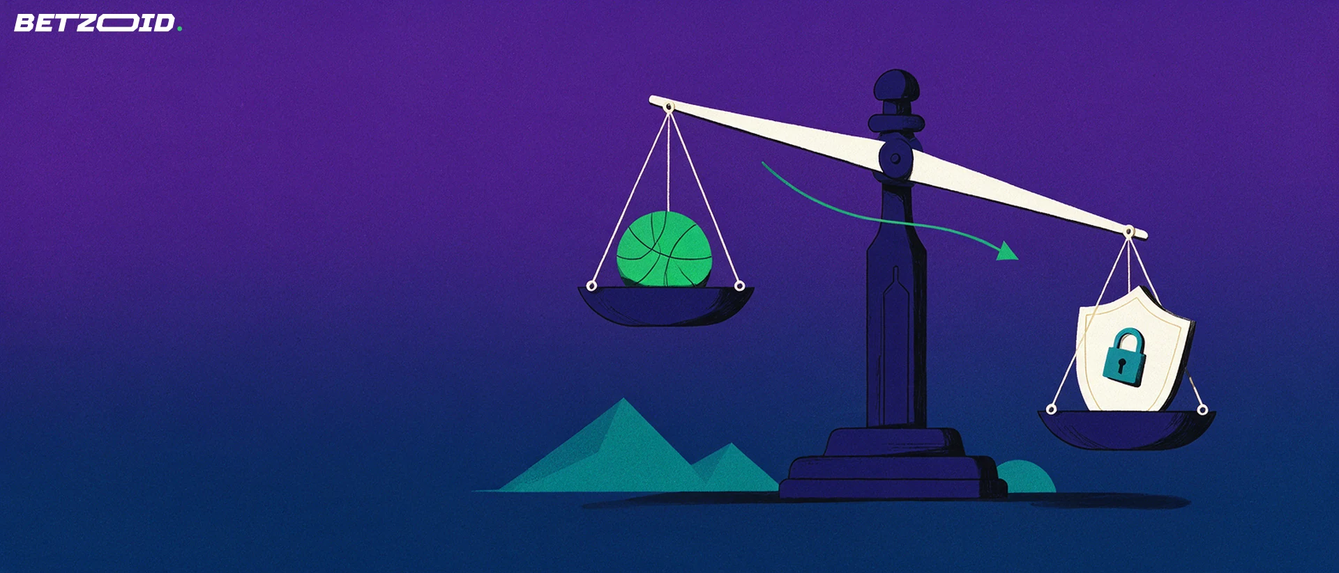 Illustration of a balance scale weighing a basketball against a shield with a padlock, symbolising a sportsbook assessment.