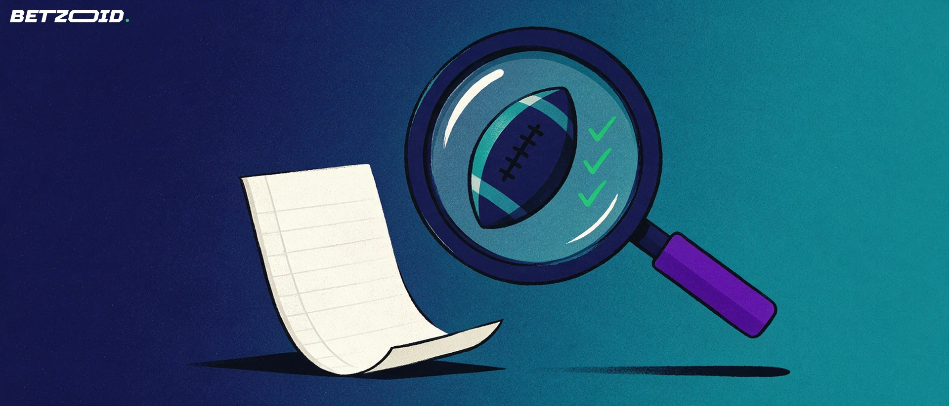 Illustration of a magnifying glass examining a blank betting slip showing a football and tick marks