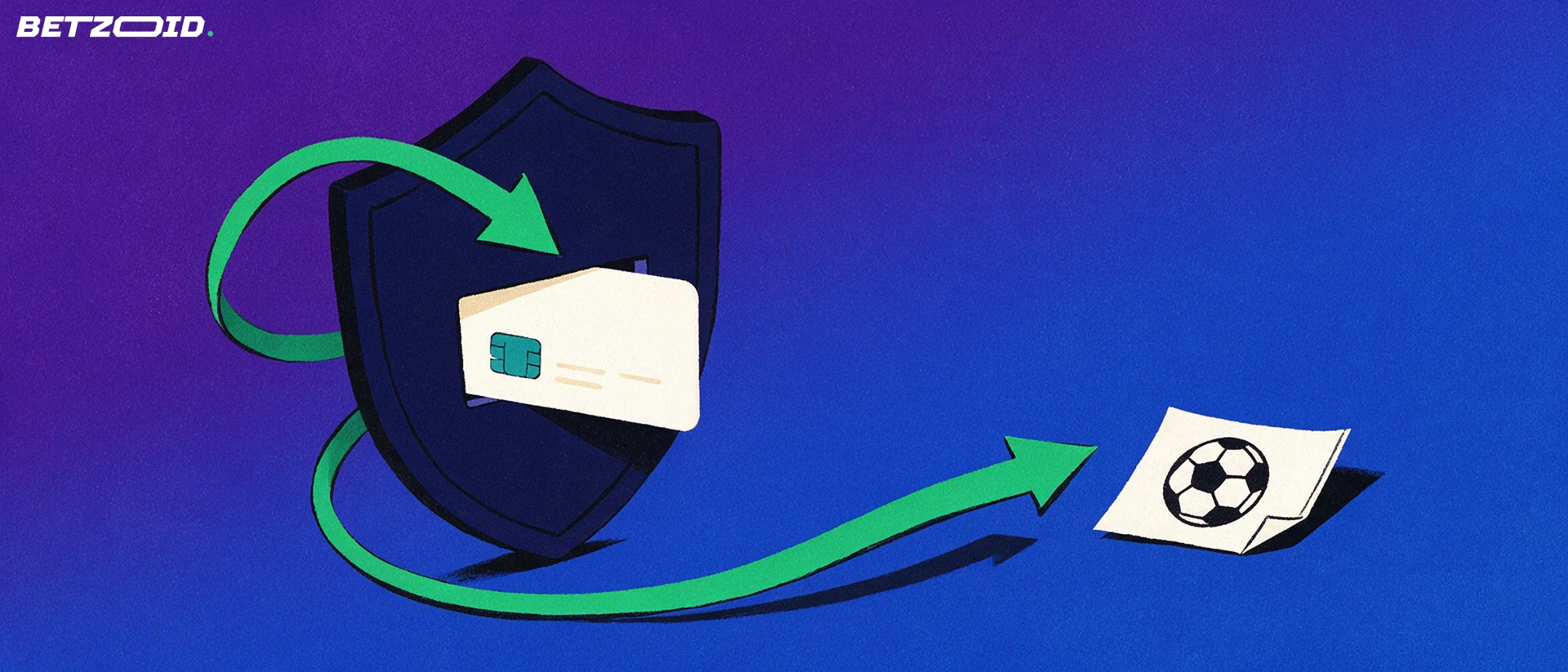 Illustration of an unbranded payment card entering a slot in a shield, with looping arrows leading to a small betting ticket.