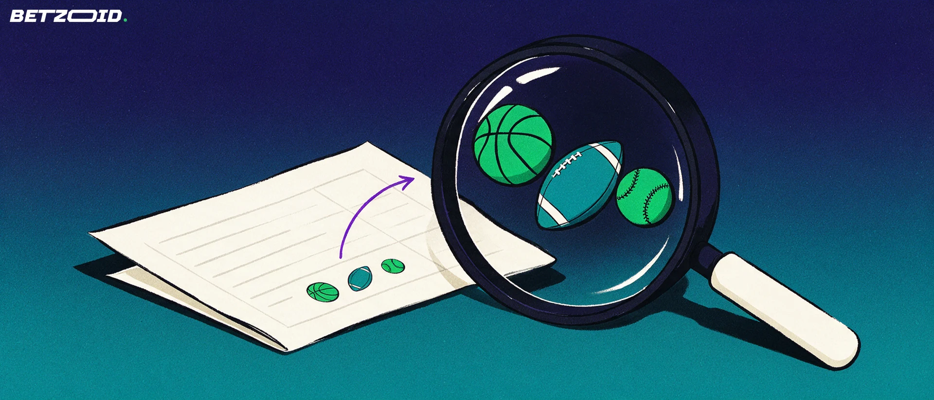 Illustration of a magnifying glass enlarging basketball, American football and baseball symbols printed on a paper betting slip.
