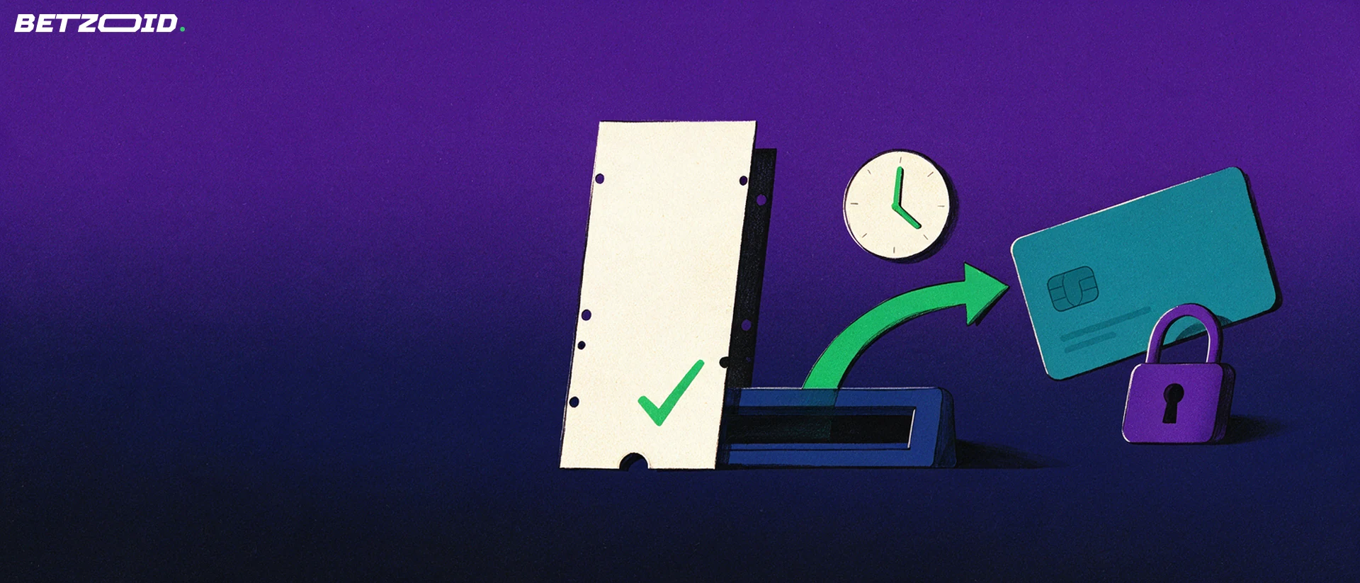 Illustration of a validated betting ticket entering a payout slot with an arrow leading to a plain bank card, a clock and a padlock.
