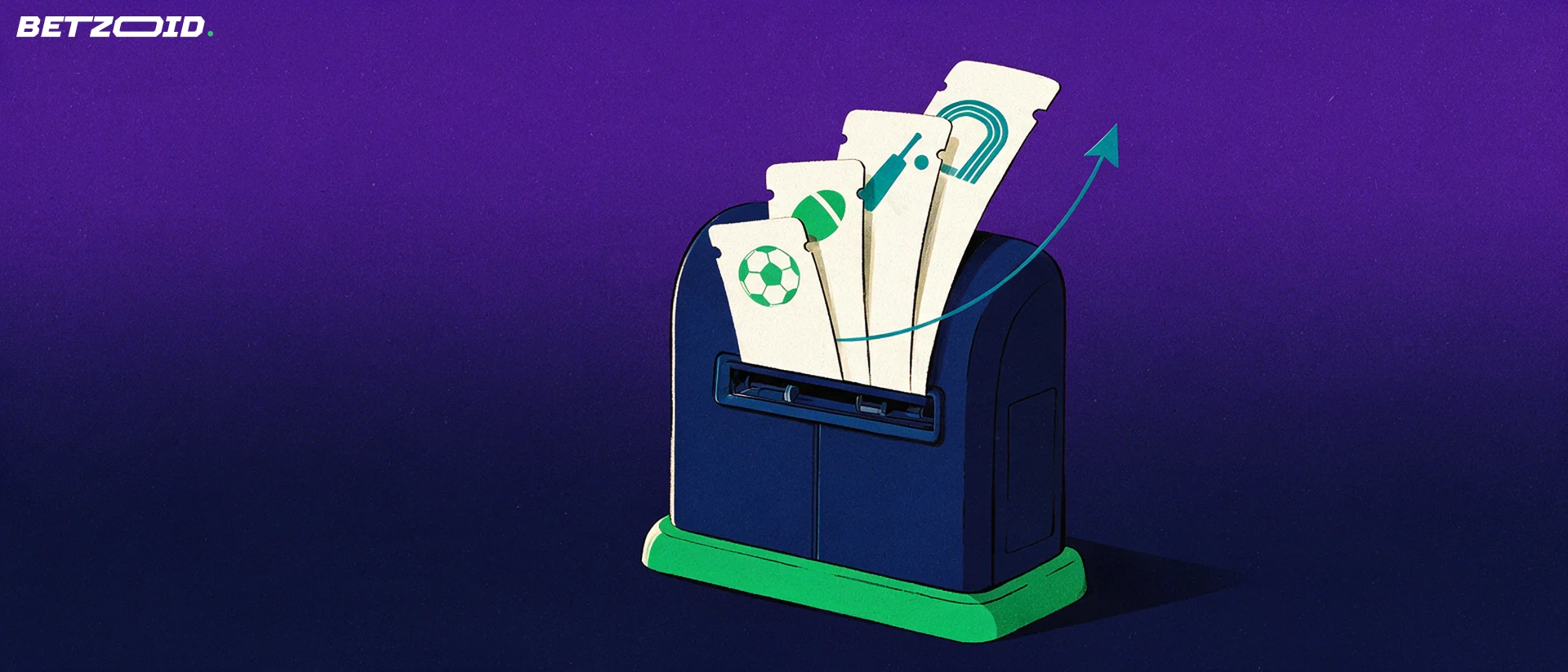 Illustration of a ticket terminal issuing a rising fan of betting tickets marked with soccer, rugby, cricket and athletics symbols