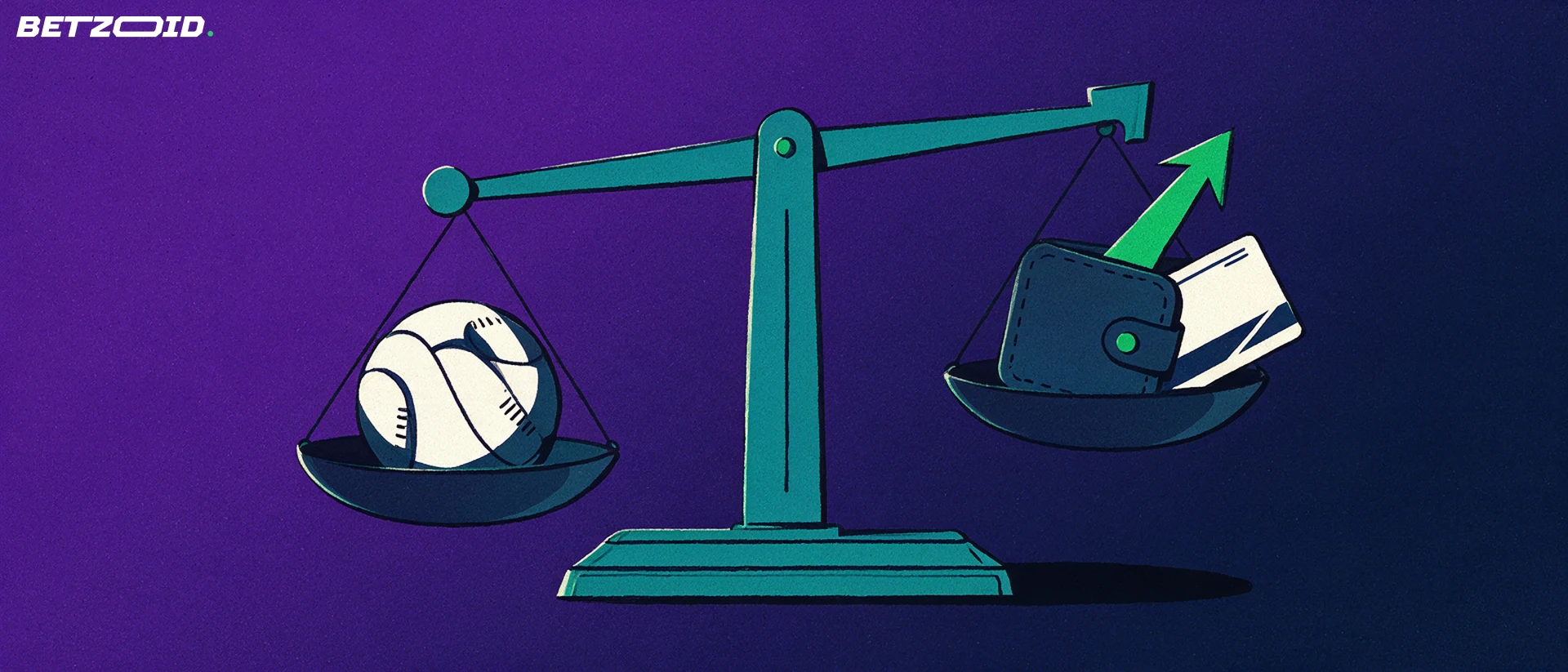 Illustration of a balance scale weighing a sports ball against a wallet with a bank card and an upward arrow.