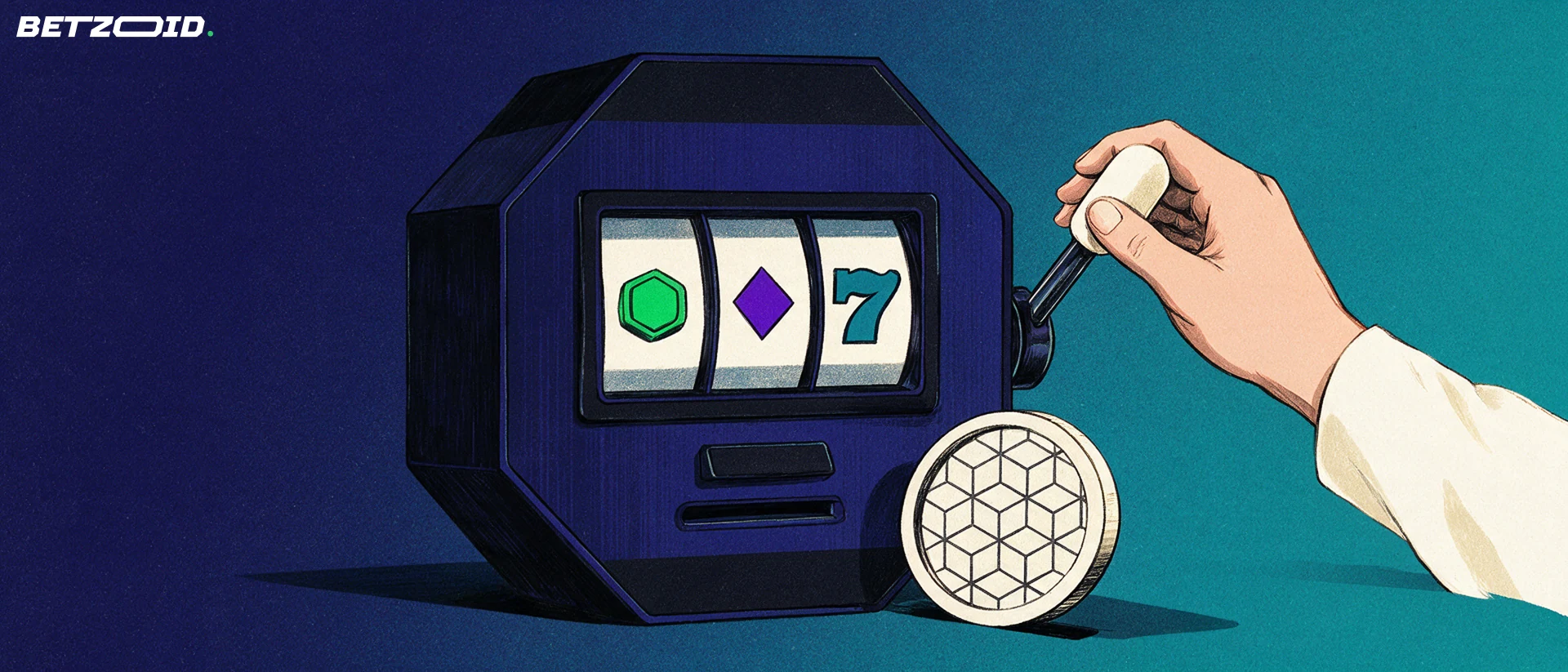 Illustration of a slot machine with a pulled lever and reels showing a coin, diamond and seven, with a large blockchain-patterned token being inserted