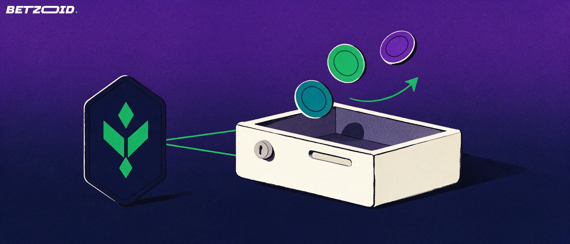 Illustration of an open casino cashier drawer linked by lines to a digital wallet card, with three casino chips rising along a curved arrow