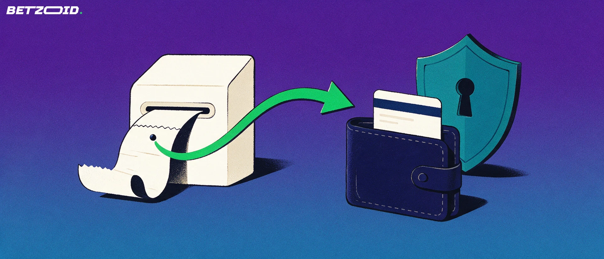 Illustration of a payout slip emerging from a terminal with a green arrow curving into a wallet holding a bank card, beside a shield with a keyhole.