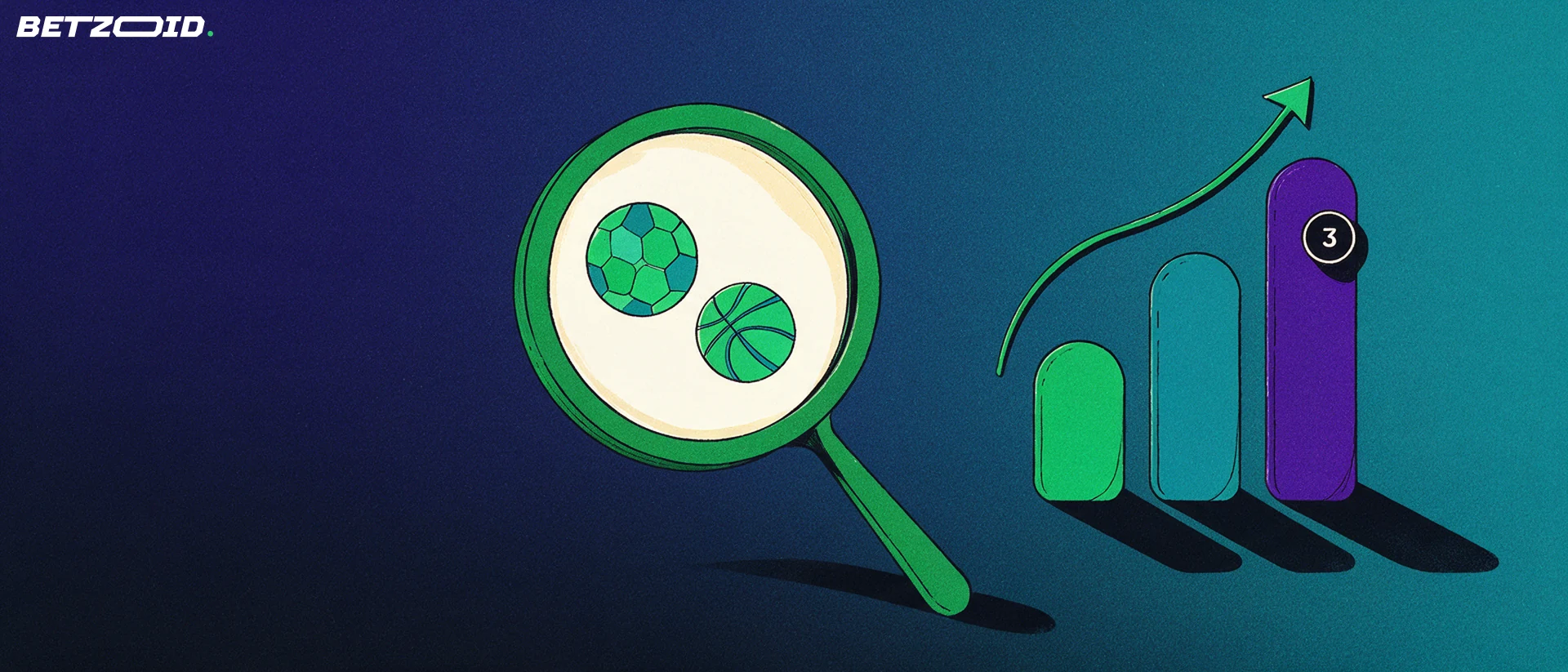 Illustration of a magnifying glass showing football and basketball symbols beside rising rating bars