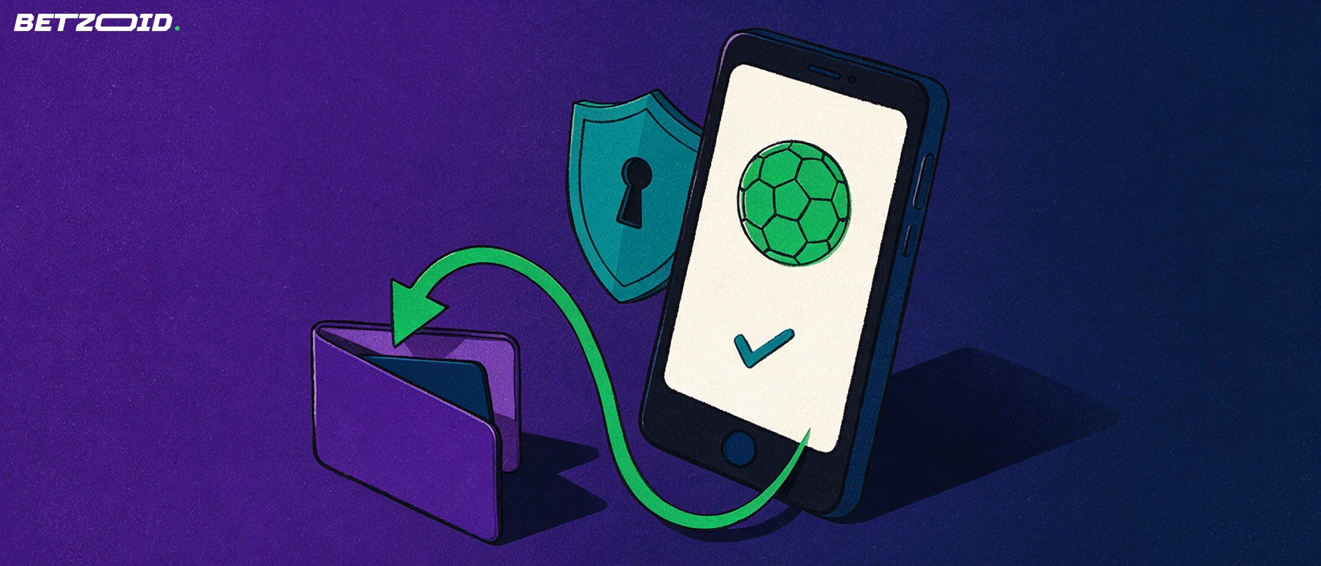 Illustration of a smartphone with football and checkmark symbols, an arrow curving into a wallet and a security shield