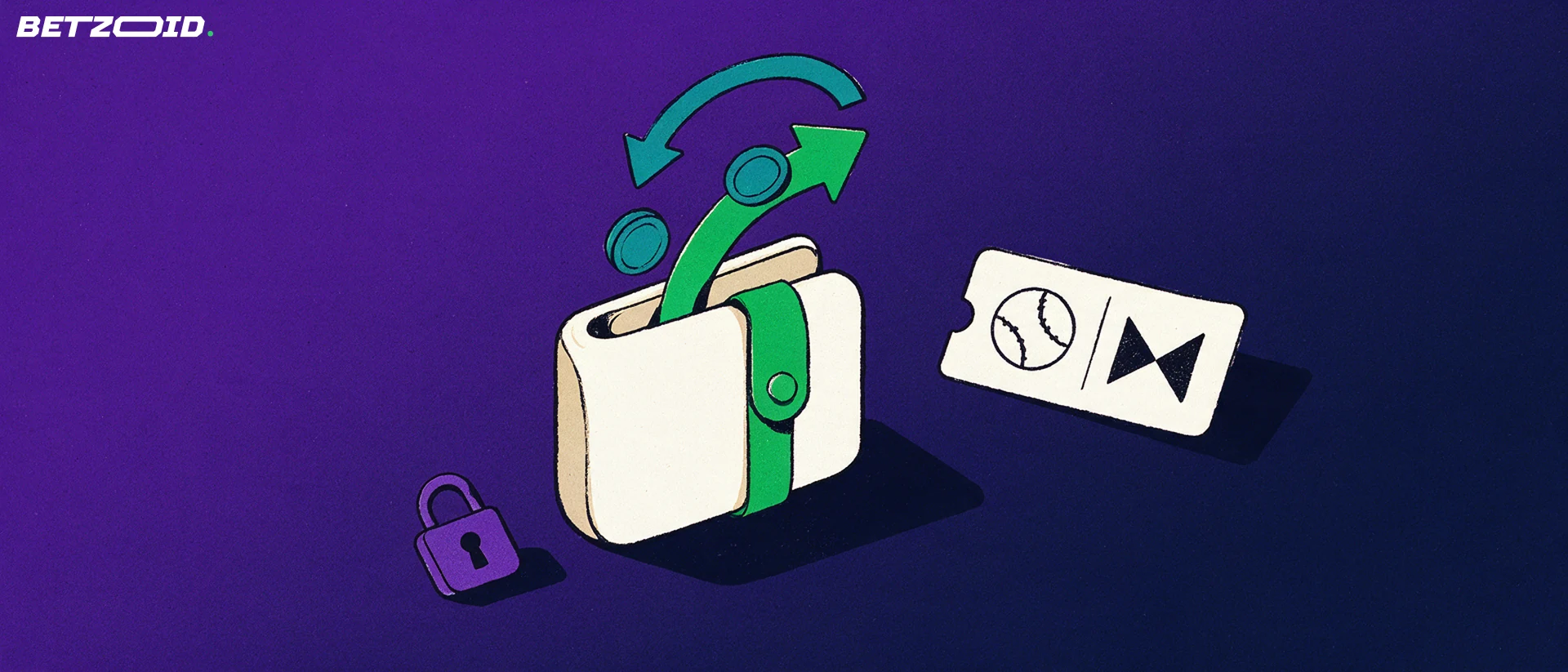 Illustration of a wallet with arrows carrying a coin in and out, beside a wager ticket with a baseball symbol and two chevrons meeting, plus a small padlock.