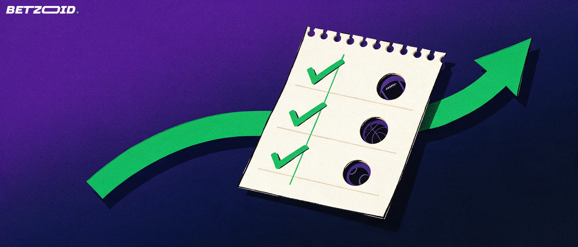 Illustration of a large tilted betting slip with check marks and small football, basketball and baseball icons, with a green upward arrow behind it.