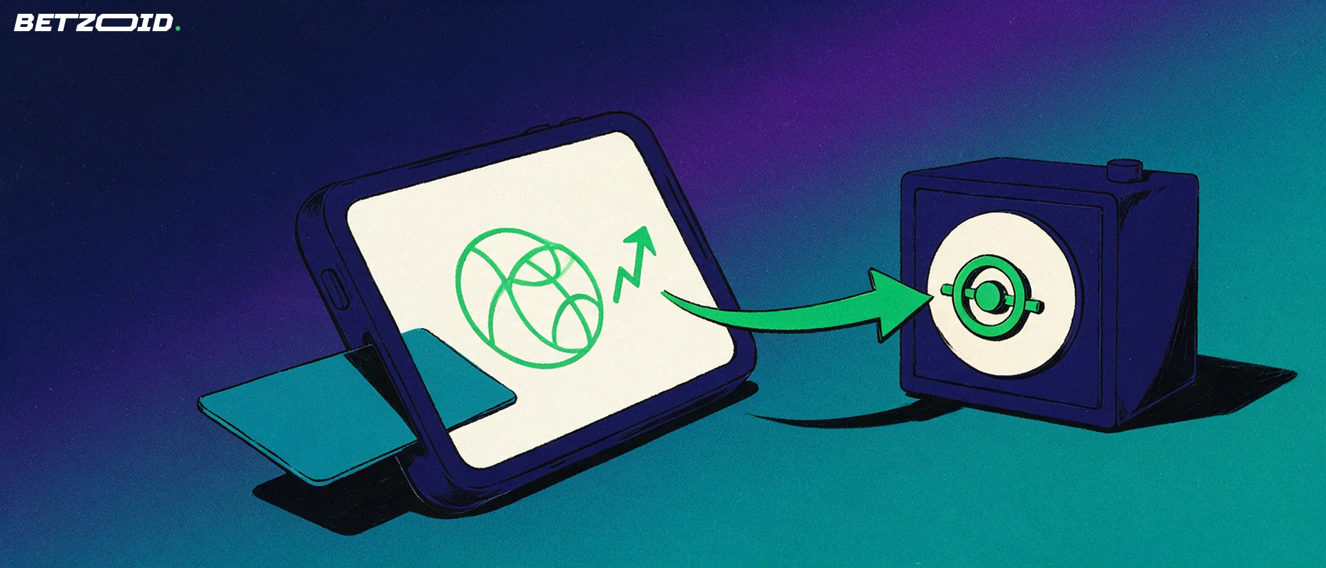 Illustration of a smartphone showing a basketball icon and rising arrow, a card sliding into it and a green arrow curving toward a small vault door.