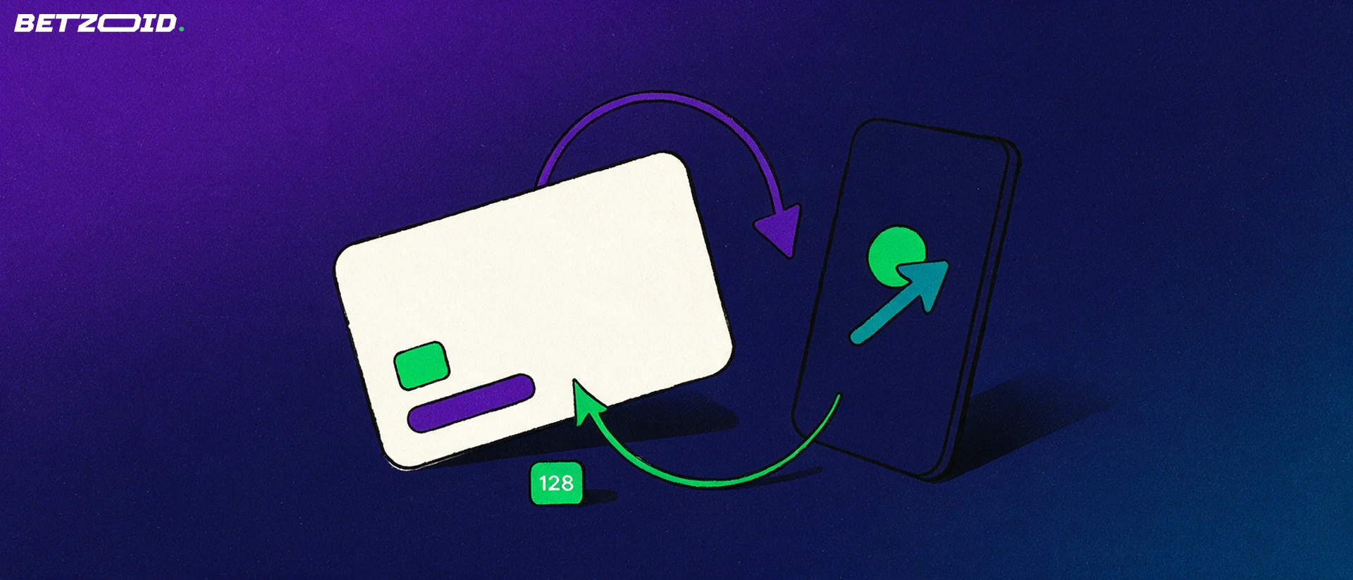 Illustration of a payment card and a tablet with simple sport symbols linked by two looping arrows