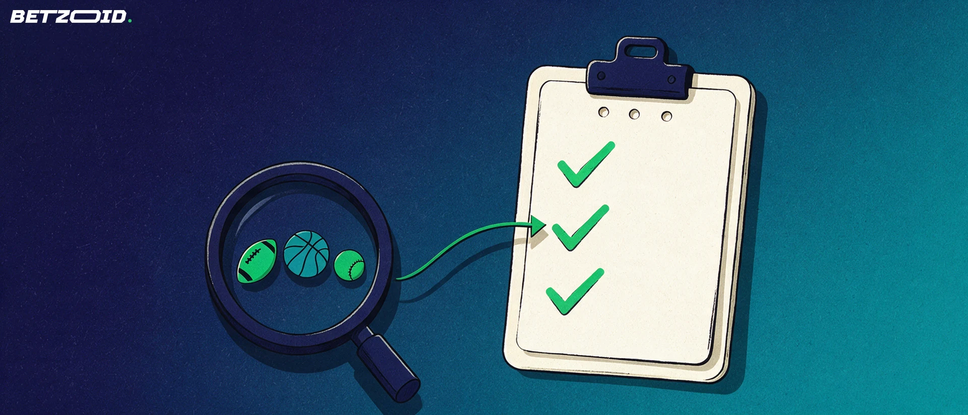 Illustration of a magnifying glass revealing football, basketball and baseball shapes beside a clipboard marked with check marks