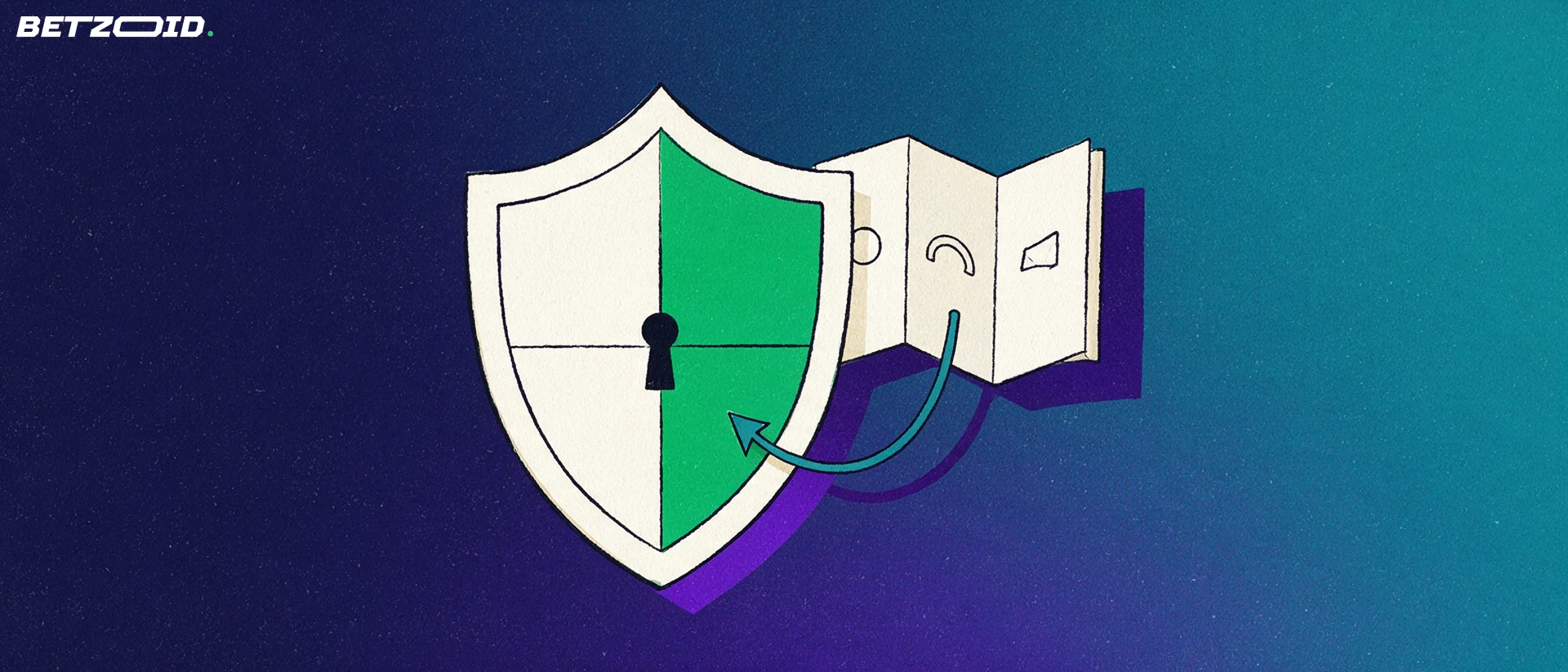 Illustration of a large shield with a keyhole guarding a folded betting slip marked with simple sport symbols.