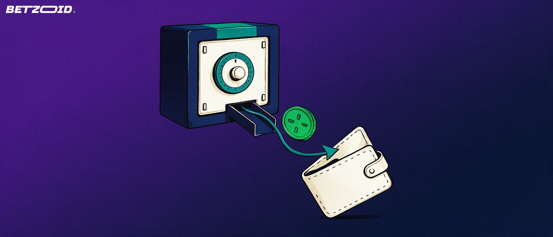Illustration of a vault with a chute sending a single token down an arrow path into an open wallet.