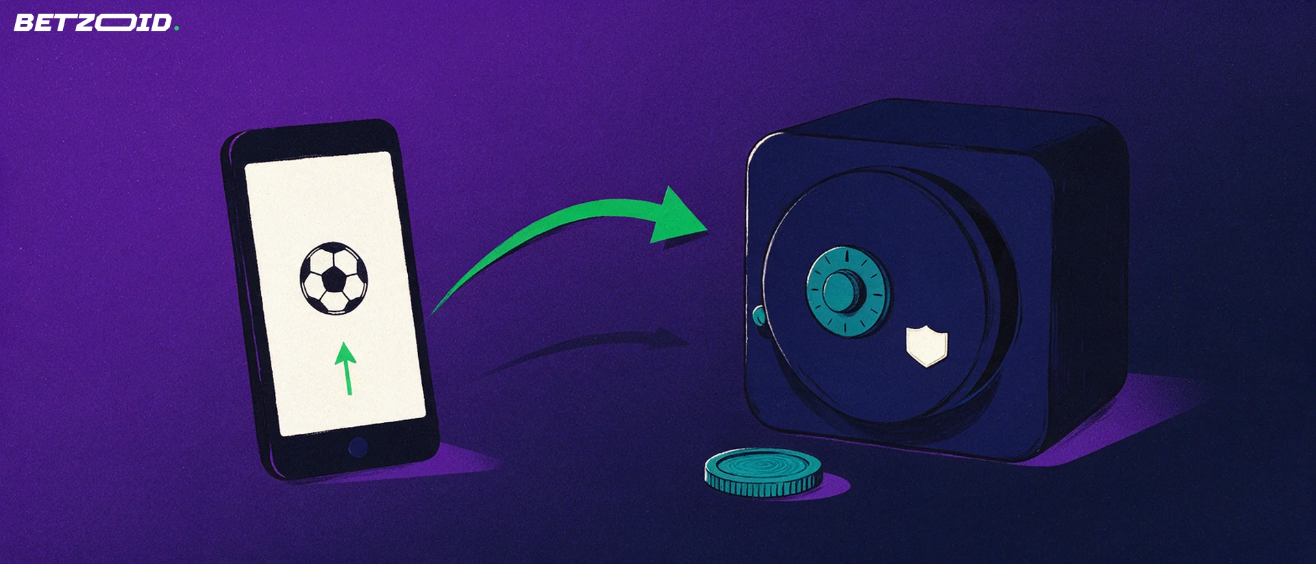 Illustration of a smartphone showing a soccer ball symbol with an arrow curving into a secure vault, representing mobile betting deposits and withdrawals.