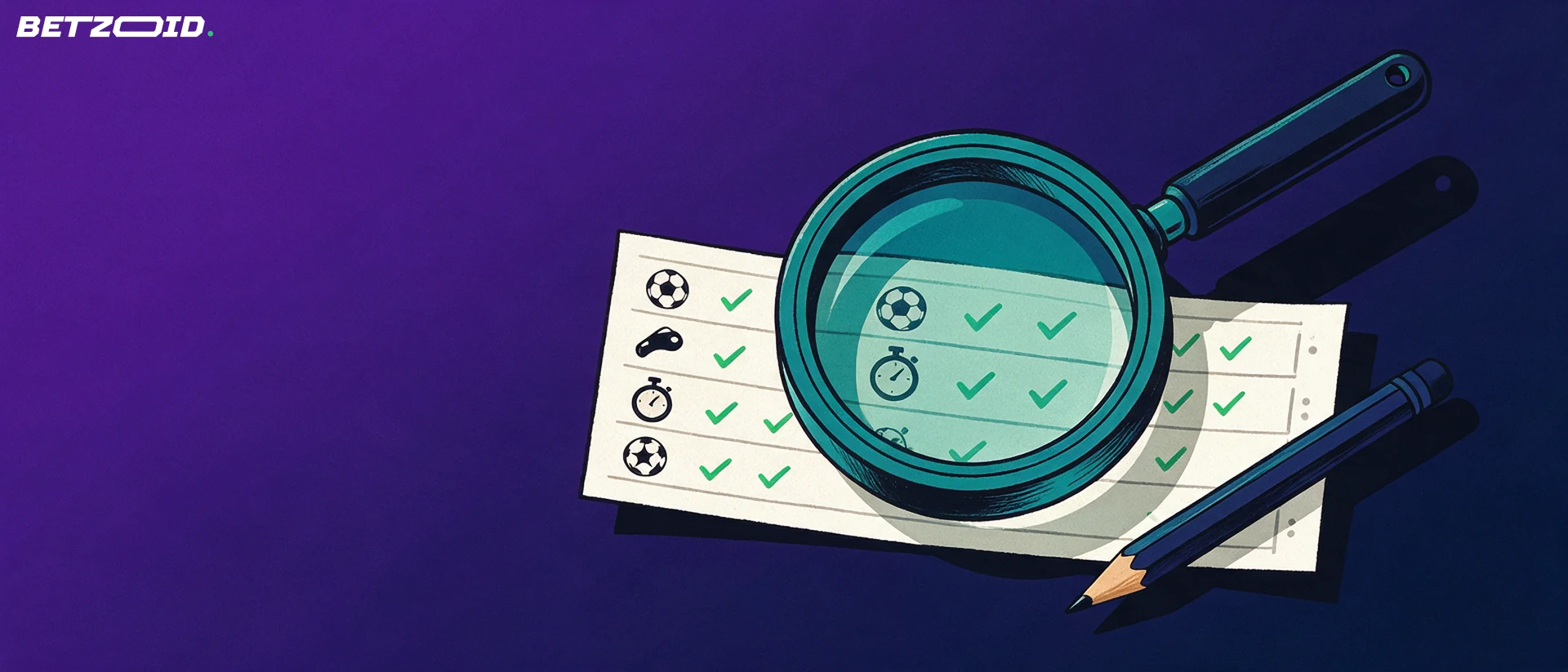 Illustration of a large magnifying glass inspecting a blank betting slip marked with green check marks and small sport symbols.