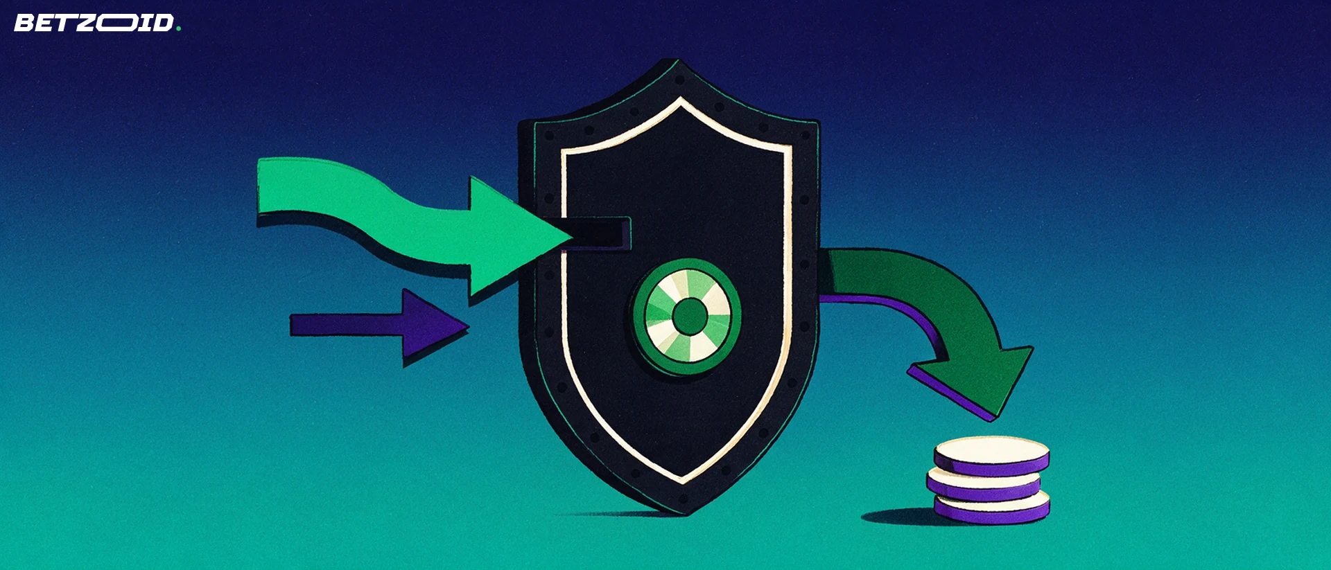 Illustration of a shield-shaped vault with a dial, an arrow entering one side and a payout arrow leaving toward a small stack of plain tokens.