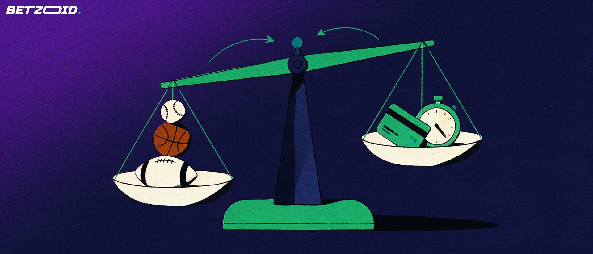 Illustration of a balance scale weighing three sports balls against a blank payment card and a stopwatch.
