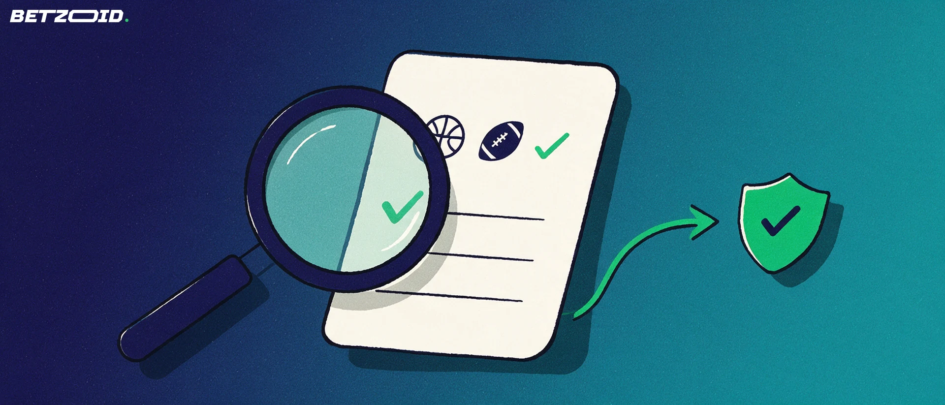 Illustration of a magnifying glass inspecting a betting slip marked with sport symbols and a check mark beside a small shield.