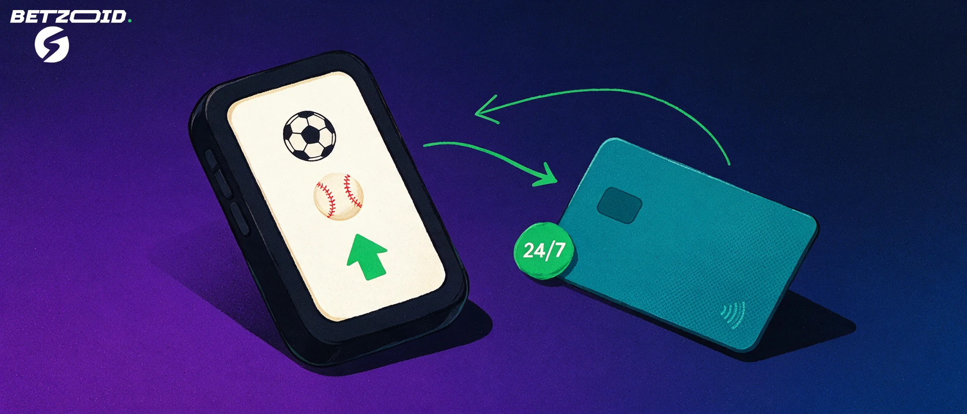 Illustration of a handheld device showing sport icons linked by arrows to a payment card, with a small badge reading 24/7.