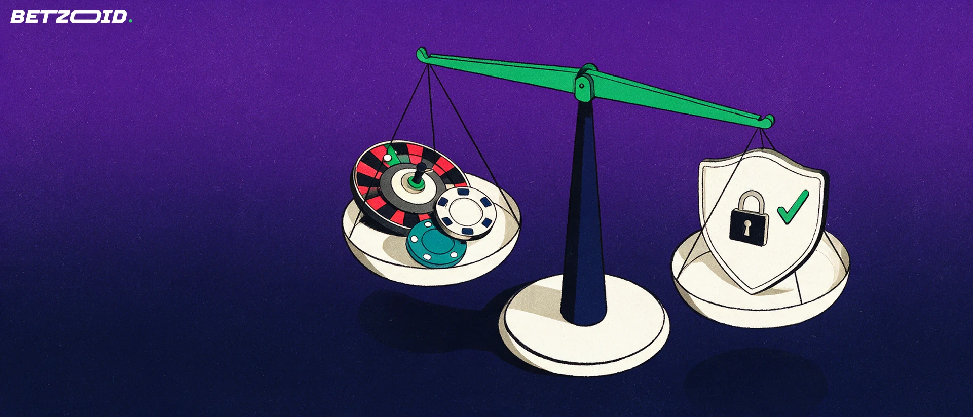 Illustration of a balance scale weighing roulette and chip symbols against a shield with a padlock and checkmark.